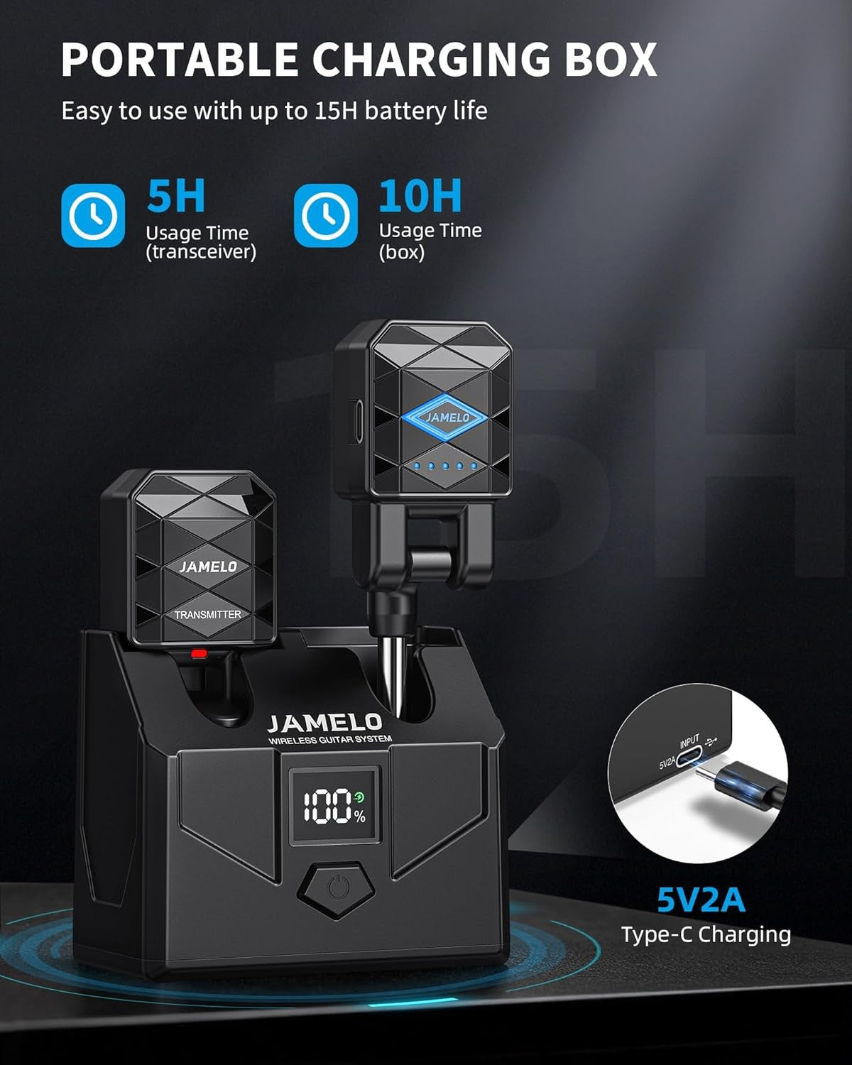Wireless Guitar System 4 Channels 15H Playtime Rechargeable