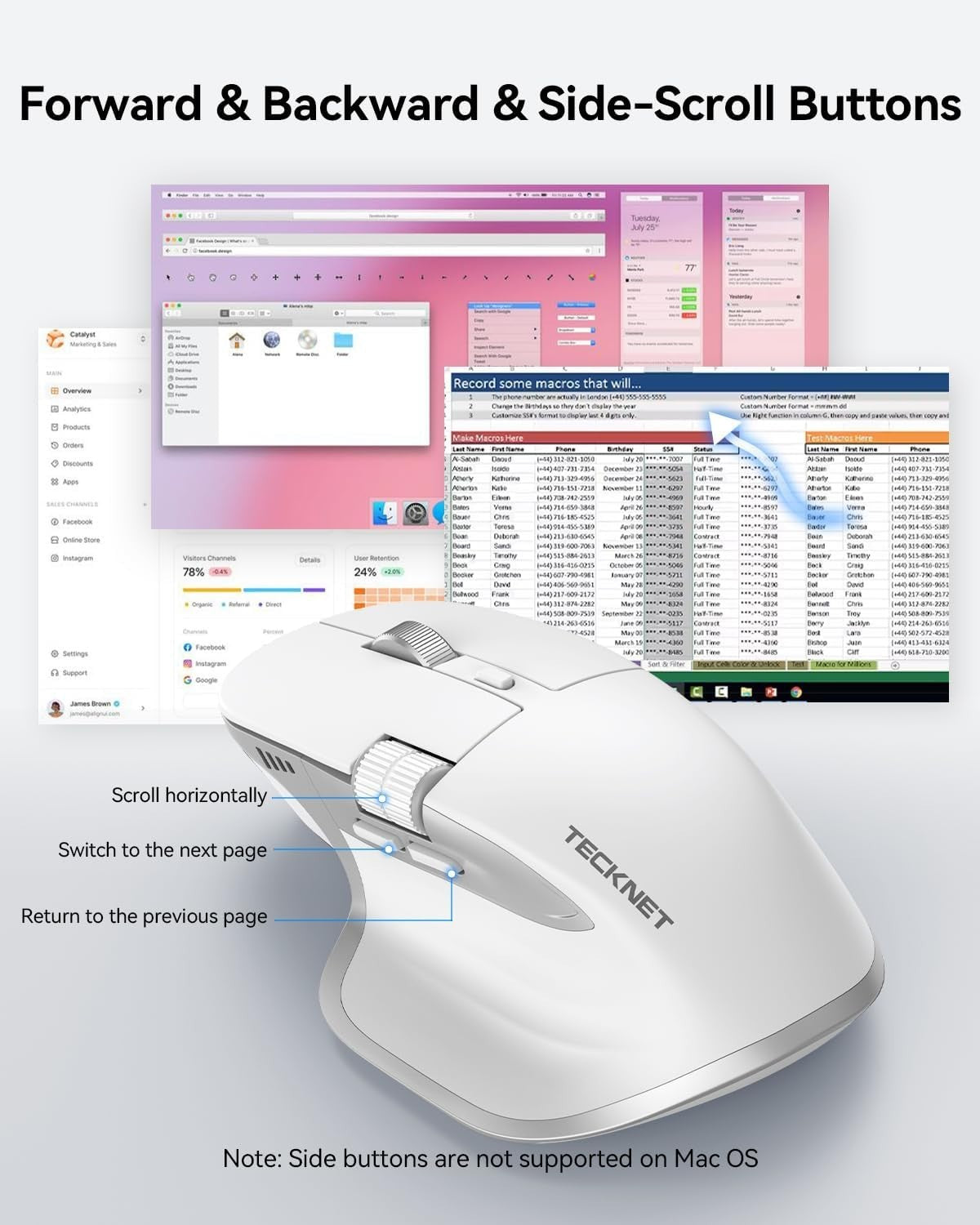 Bluetooth Wireless Mouse Thumb Scroll Rechargeable Silent Ergonomic Laptop PC