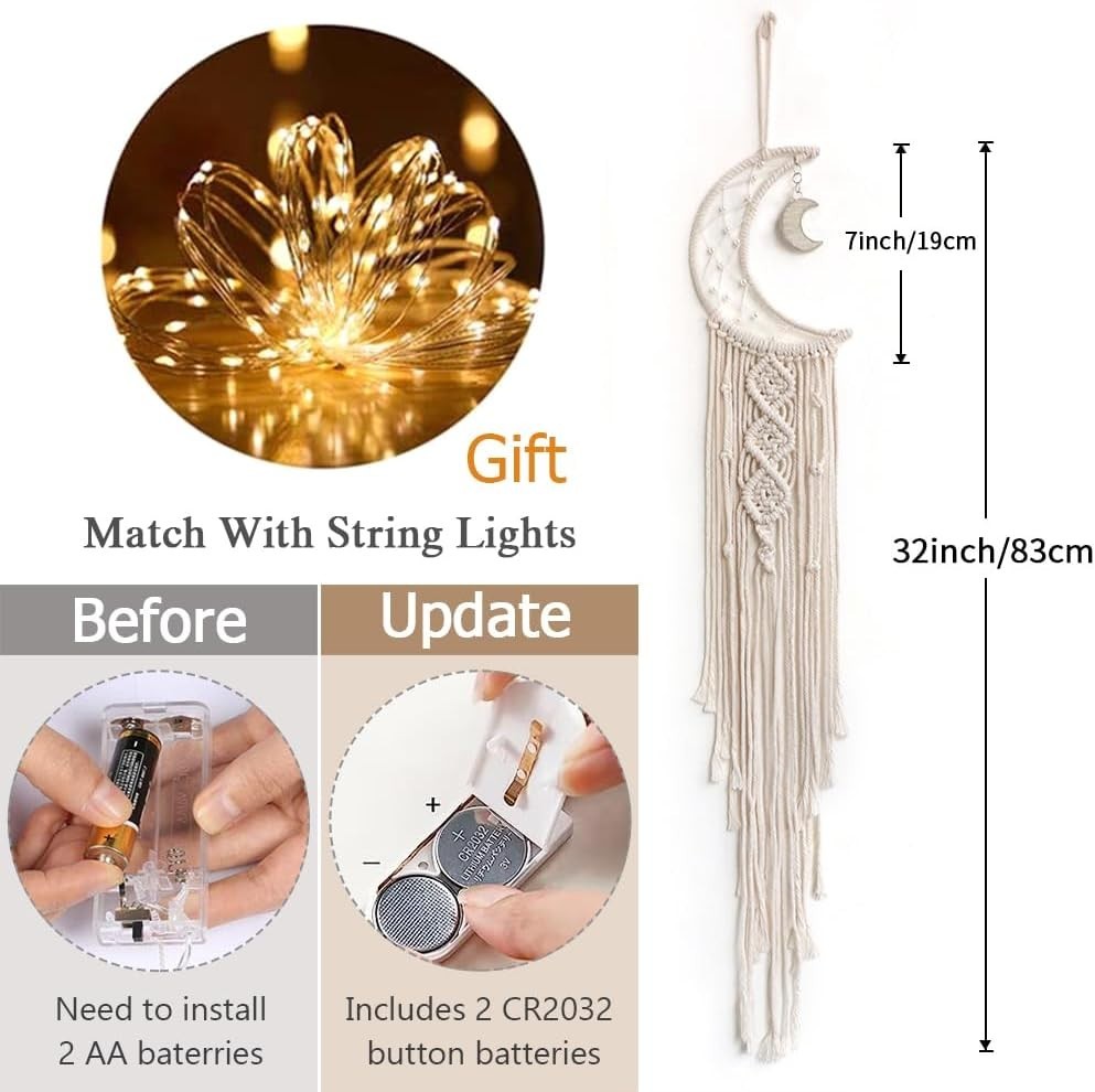 Boho Moon Macrame Wall Hanging 32” Cotton Cord + DIY Lights