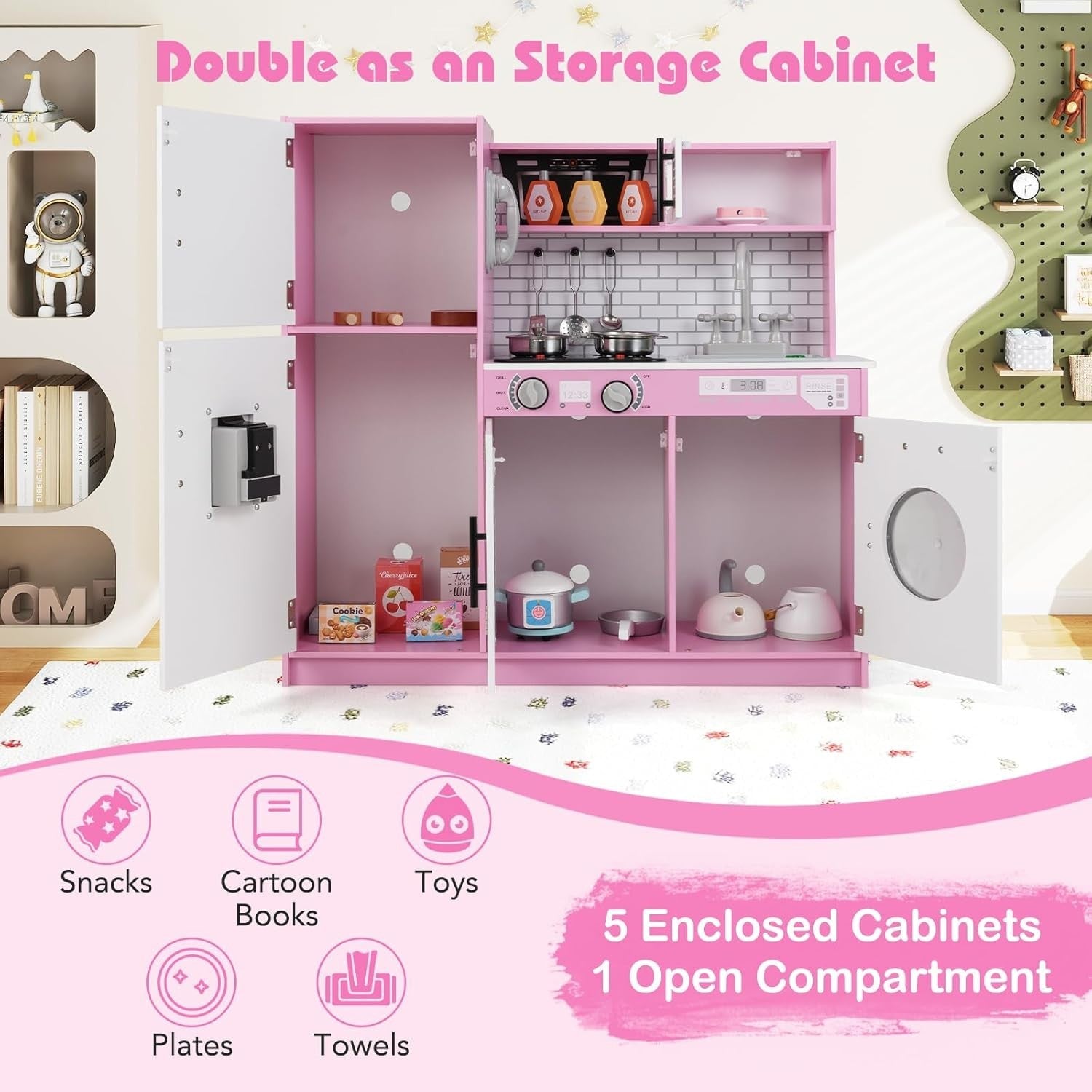 Kids Wooden Play Kitchen Lights Sounds Washing Machine Pink Toy