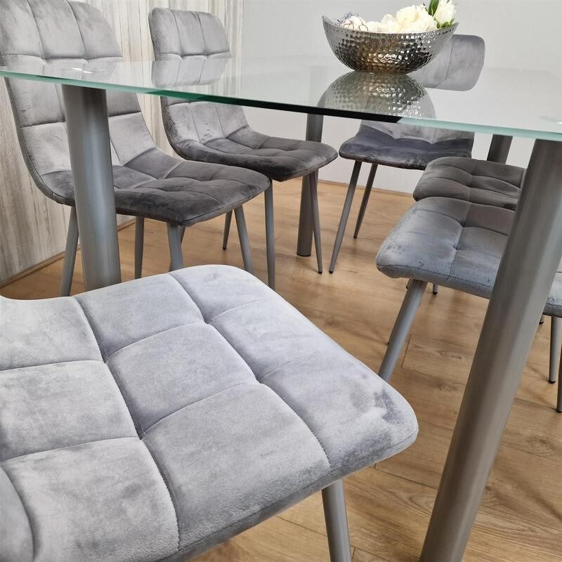 Glass Dining Table Set with 6 Grey Velvet Chairs Modern Kitchen 140cm
