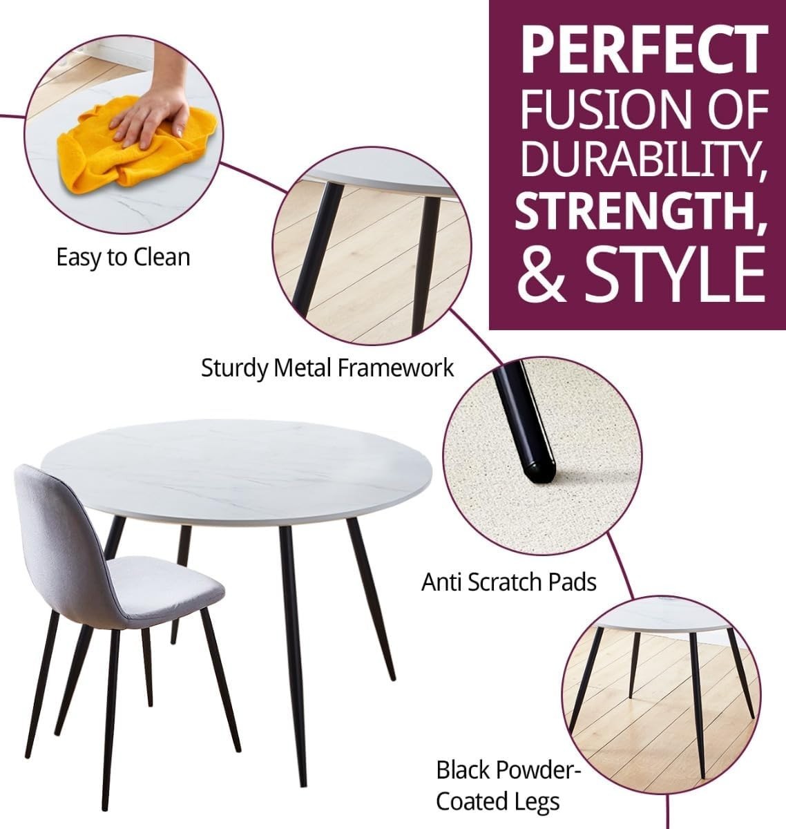 Round Marble Effect Dining Table & 6 Grey Fabric Chairs Set 120cm