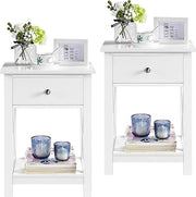 Slim White Bedside Tables Set of 2, Wooden Nightstands with Drawer & Shelf, Tall