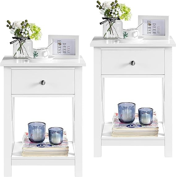 Slim White Bedside Tables Set of 2, Wooden Nightstands with Drawer & Shelf, Tall