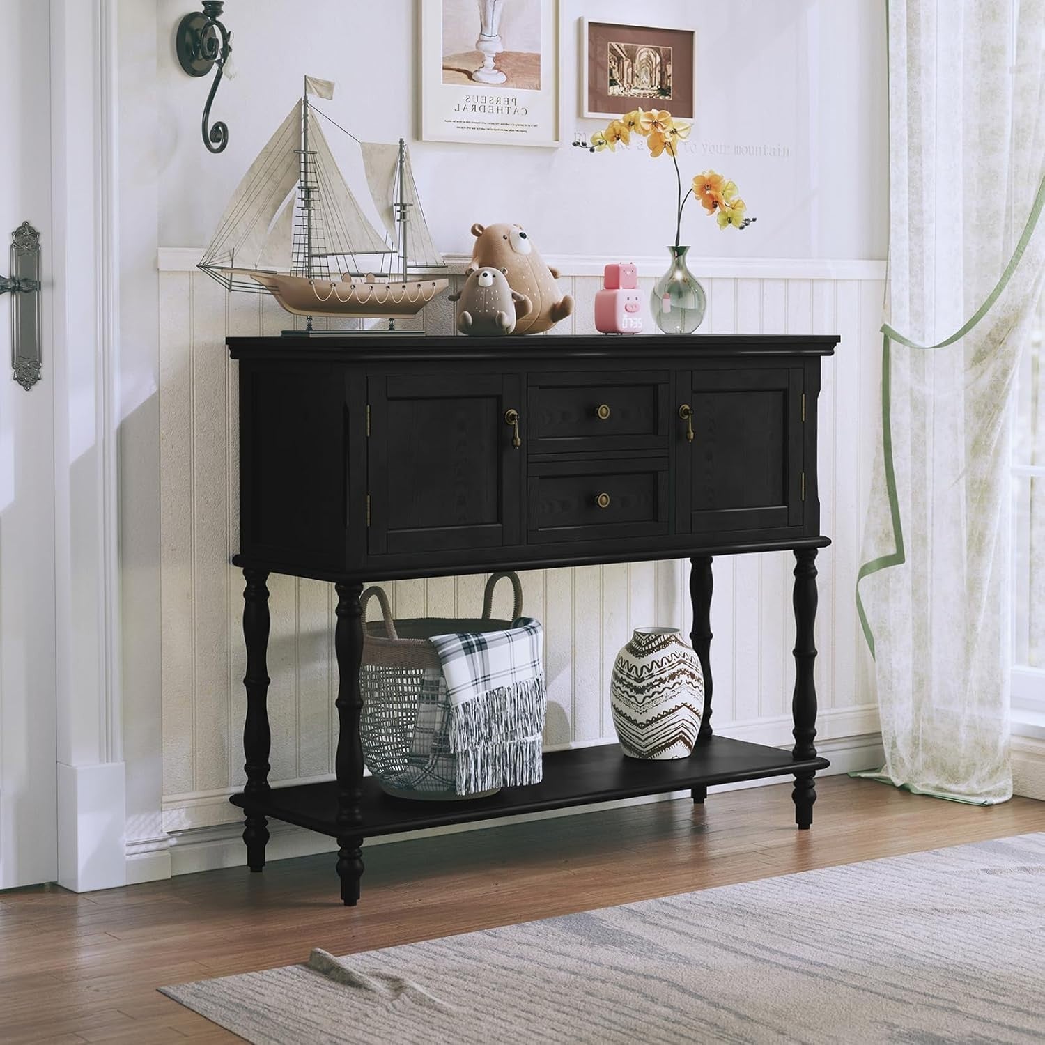Vintage Black Console Table with Drawers & Storage - Retro Hallway & Living Room