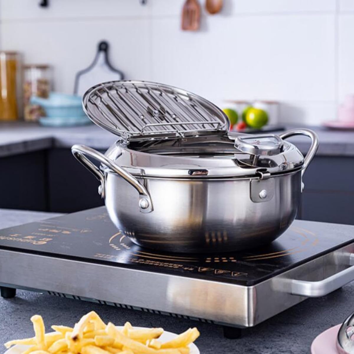 Deep Frying Pot With Temperature Control Lid Induction Gas Fryer Pan