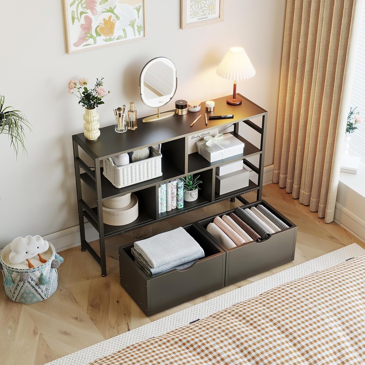4 Tier White Bookcase with 2 Drawers Modern Storage Shelf for Living Room Black
