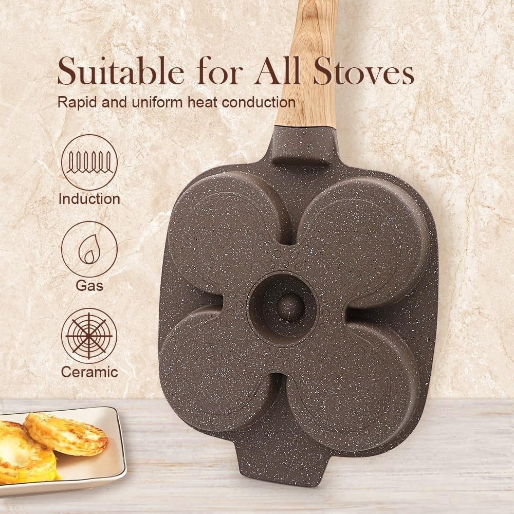 4-Cup Egg Pan Non-Stick Ceramic Pancake Skillet w/ Lid & Detachable Handle Brown