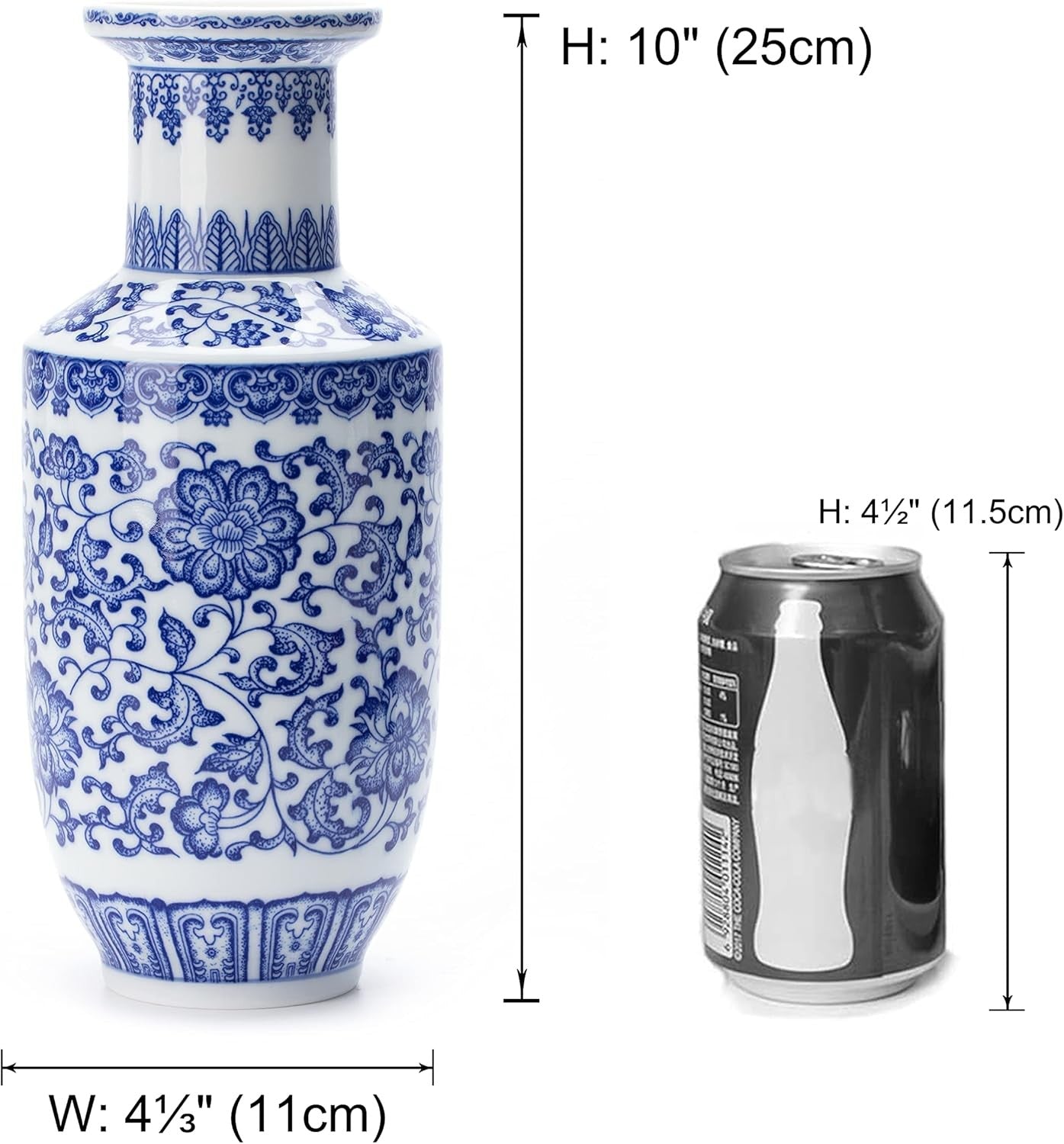 Blue White Chinoiserie Ceramic Vase 10in Glossy Floral Table Centerpiece