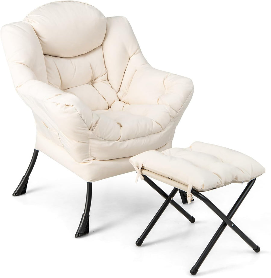 Fabric Lounge Armchair with Footstool Comfy Reading Chair Beige