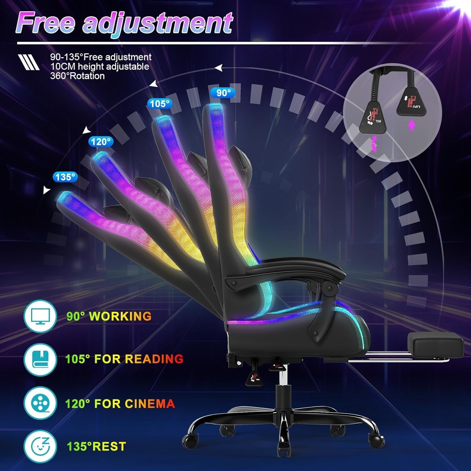 Gaming Chair LED Light RGB Recliner Massage Lumbar Support PU Leather Black