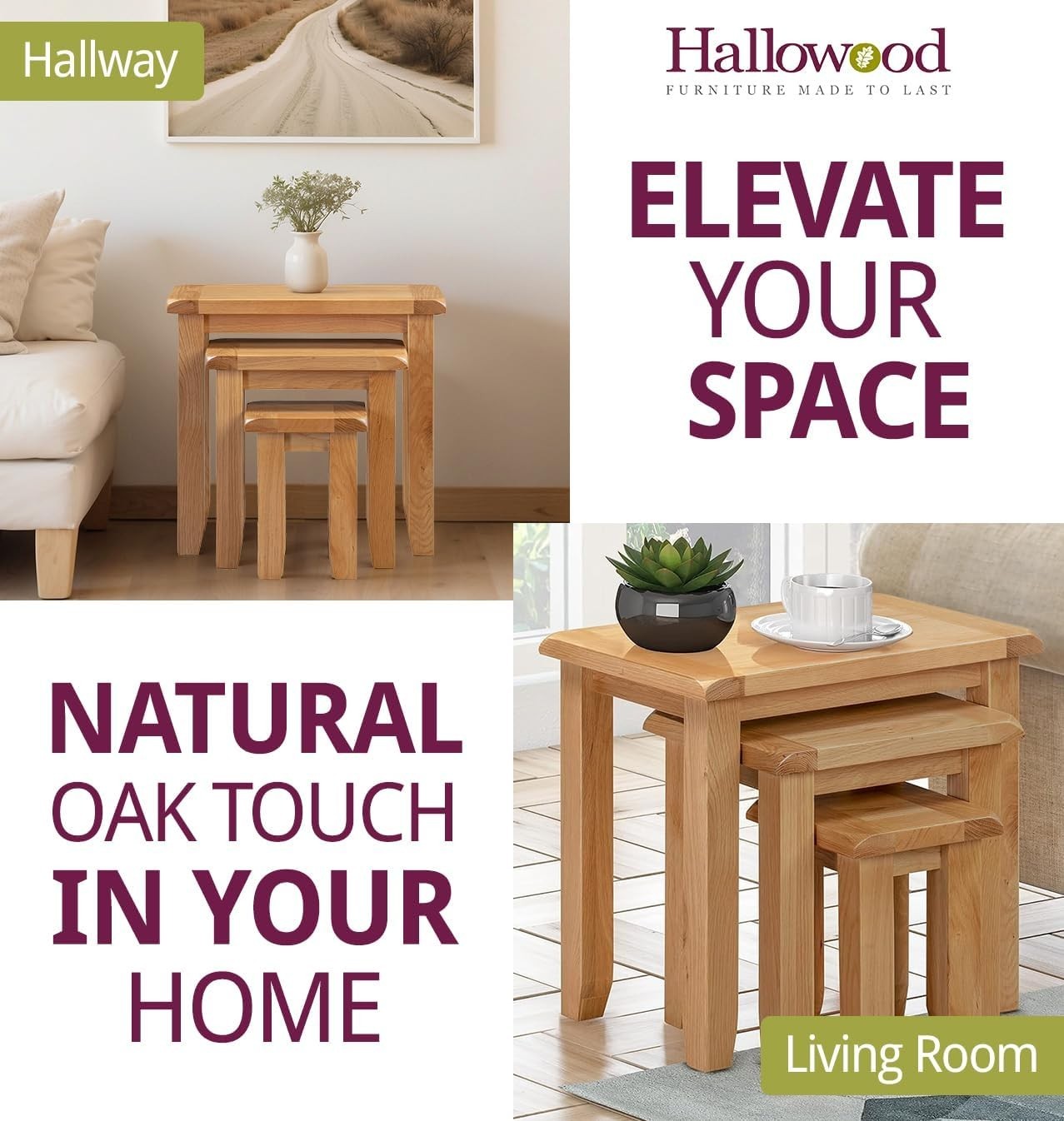 Nest of 3 Coffee Tables Solid Oak Wood Light Rustic Side End Set Space Saving