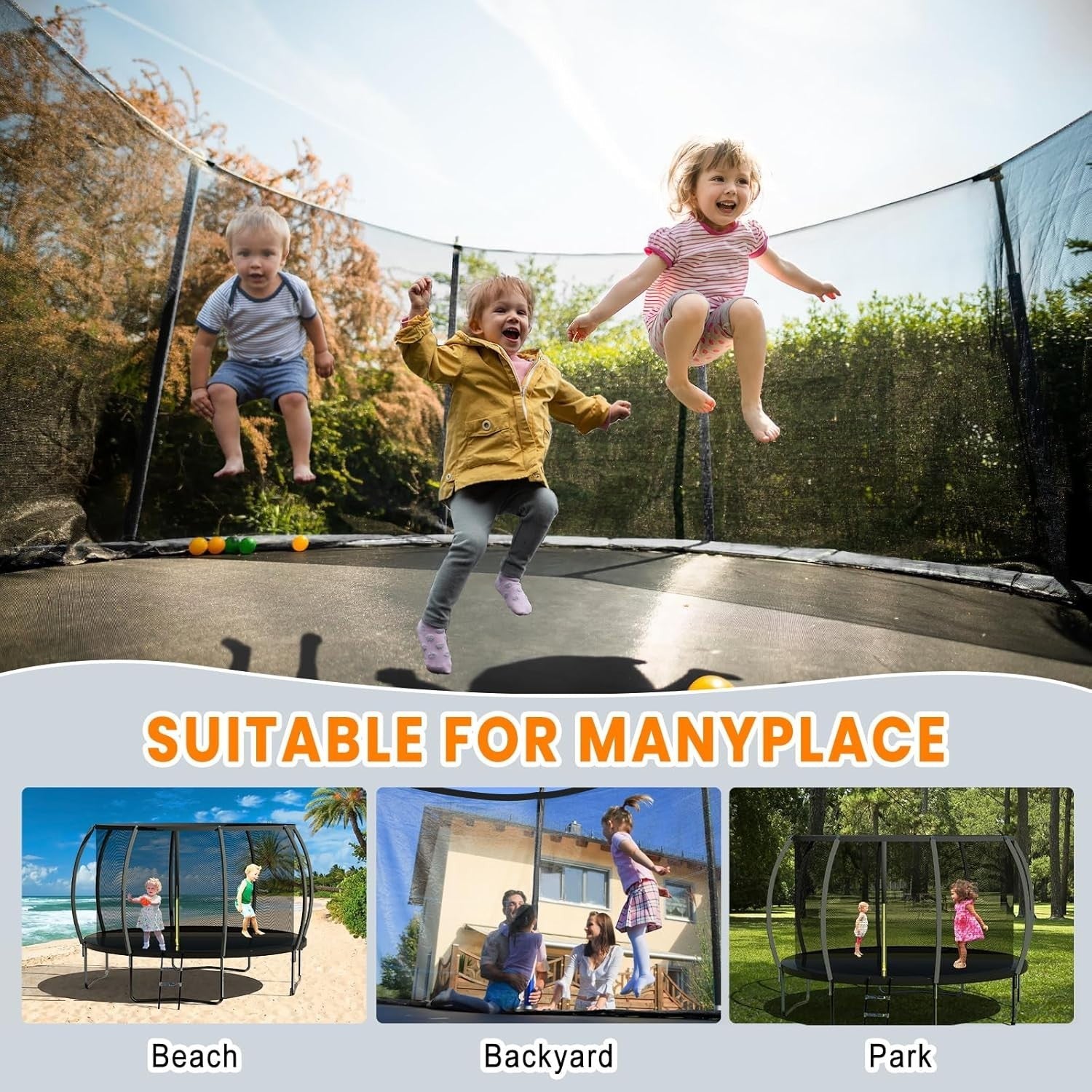 12FT Outdoor Garden Trampoline Safety Net Ladder Pumpkin Design 150KG