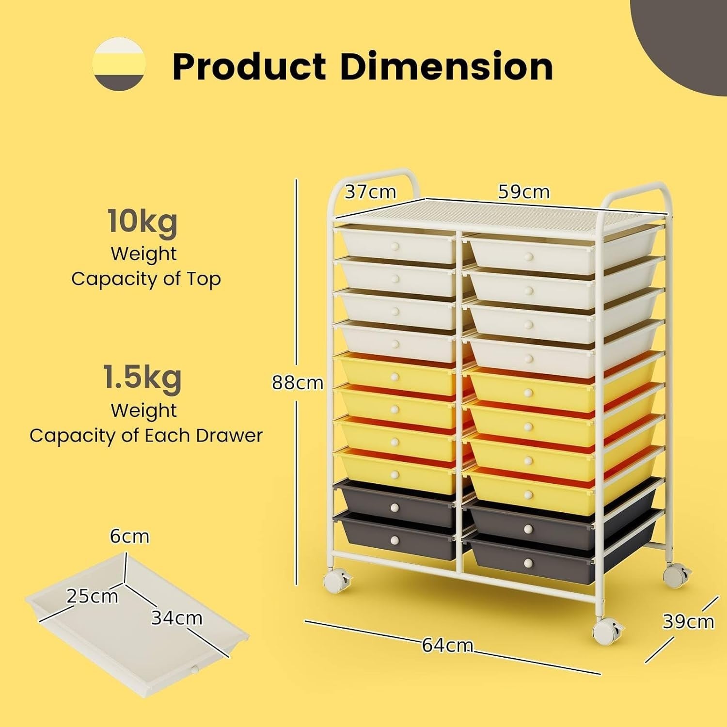 20 Drawer Rolling Storage Cart Mobile Organizer Trolley Yellow Wheels