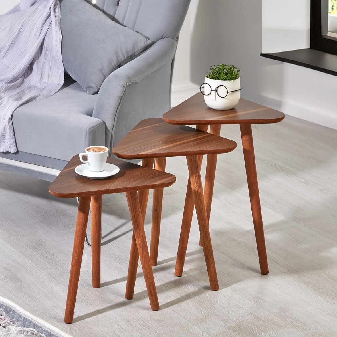 Brown Wood Nesting Coffee Table Set of 3 Side End Tables Living Room Furniture