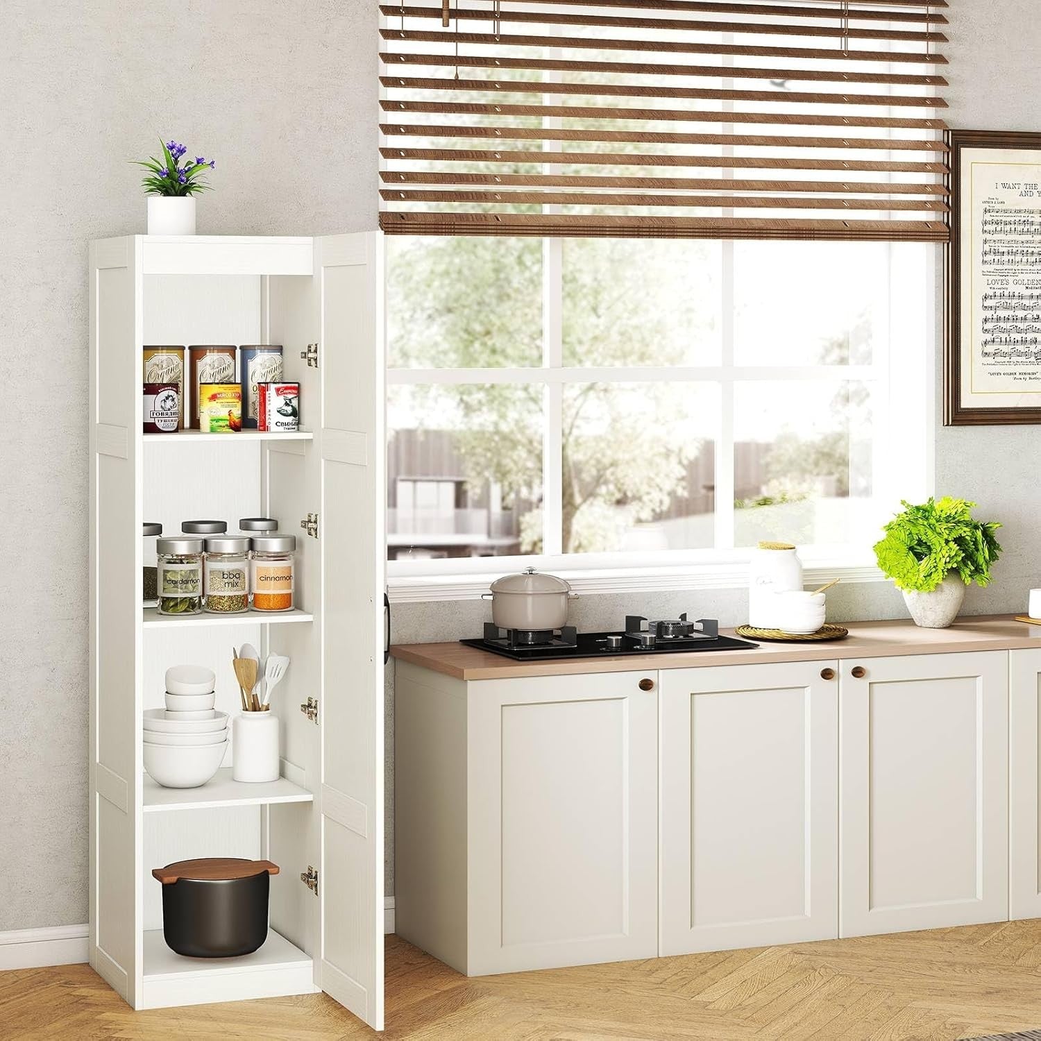 Tall White Kitchen Cupboard 4 Tier Wooden Storage Cabinet Organizer Unit
