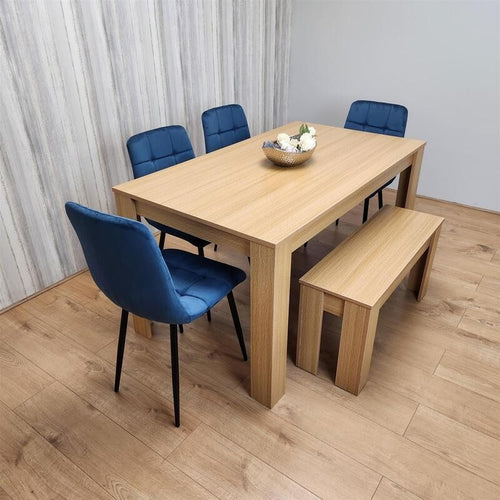 6 Seater Oak Dining Table Set with Blue Velvet Chairs & Wooden Bench