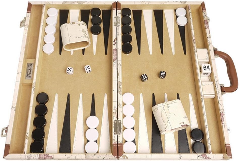 Luxury Backgammon Set 18 Inch Folding Board Travel Case World Map Design