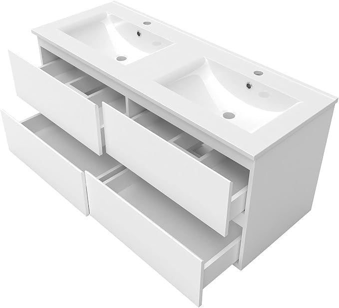 1200mm Wall Hung Gloss White Vanity Unit – Double Basin Sink 4 Drawer Cabinet
