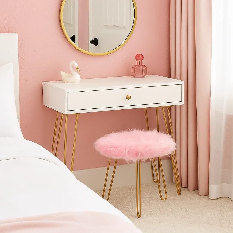 Pink Faux Fur Vanity Stool Round Gold Hairpin Legs Modern Accent Seat