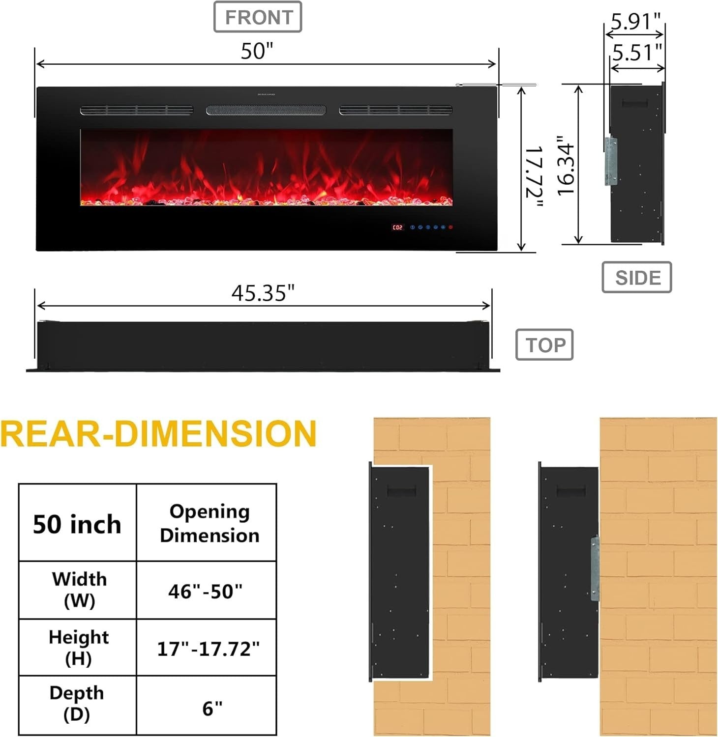 50” Wall Mounted Electric Fireplace Heater LED Log Flame Remote