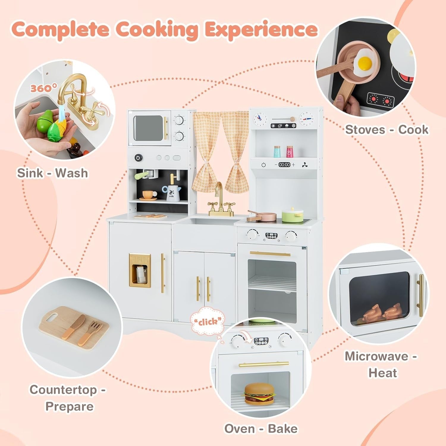 Kids Wooden Play Kitchen White w/ Ice Maker Microwave Accessories