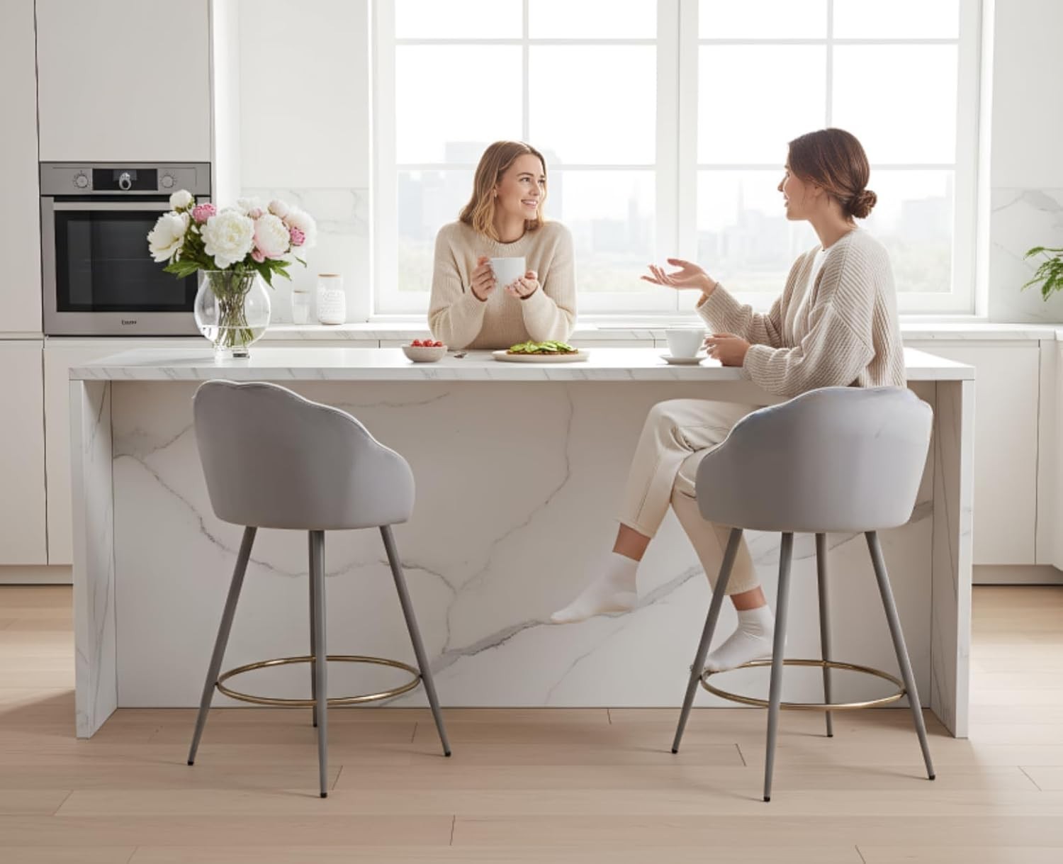 Gray Velvet Bar Stools Set of 2 Modern Kitchen Counter Breakfast Chairs
