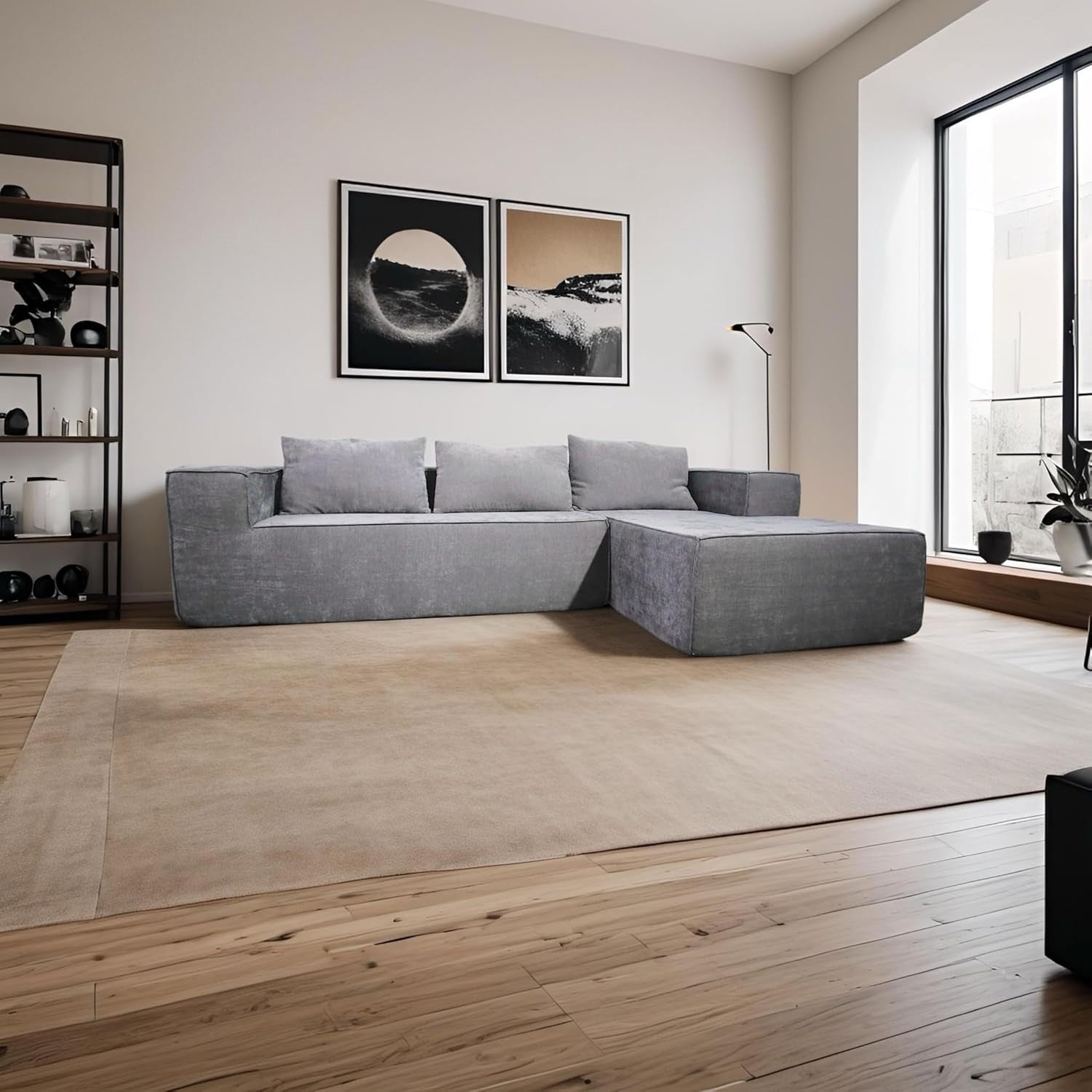 Modern L-Shaped Convertible Sofa Bed Grey Fabric Couch for Small Spaces