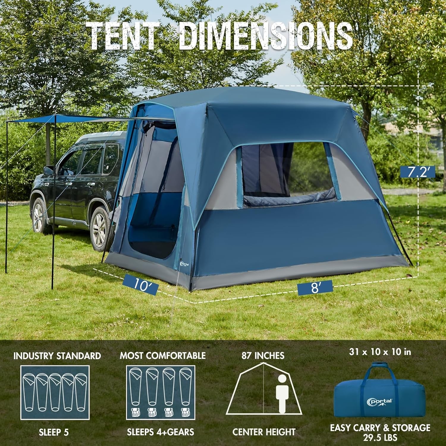 5 Man SUV Car Tent 3000mm Waterproof Family Camping w/ Porch