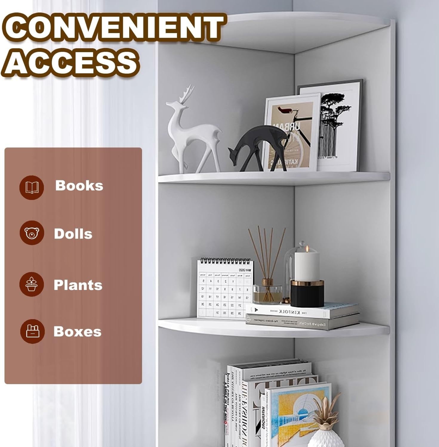 Corner Storage Cabinet White 3-Tier Shelves with Drawer & Door 150x30cm
