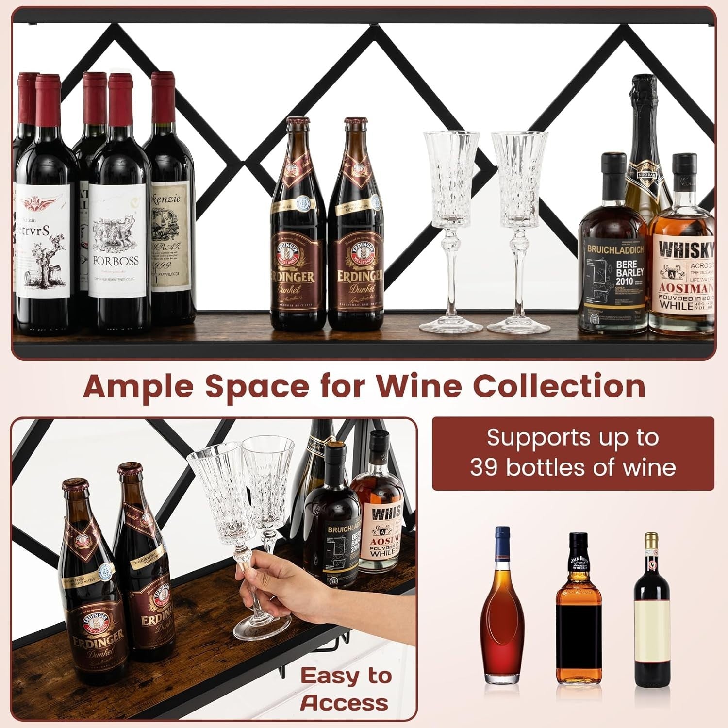 Wall Mounted Wine Rack with Glass Holder 2-Tier Metal Shelf Bar Storage Display