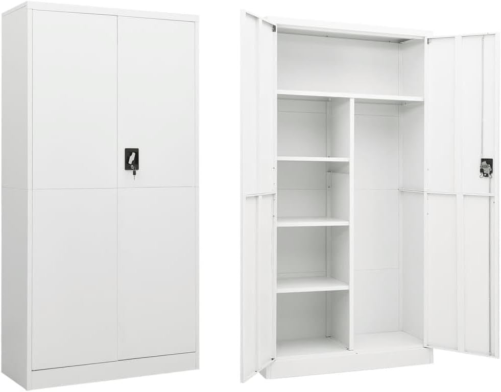 Steel Storage Cabinet White 90x40x180cm Lockable 4 Shelf Office Garage