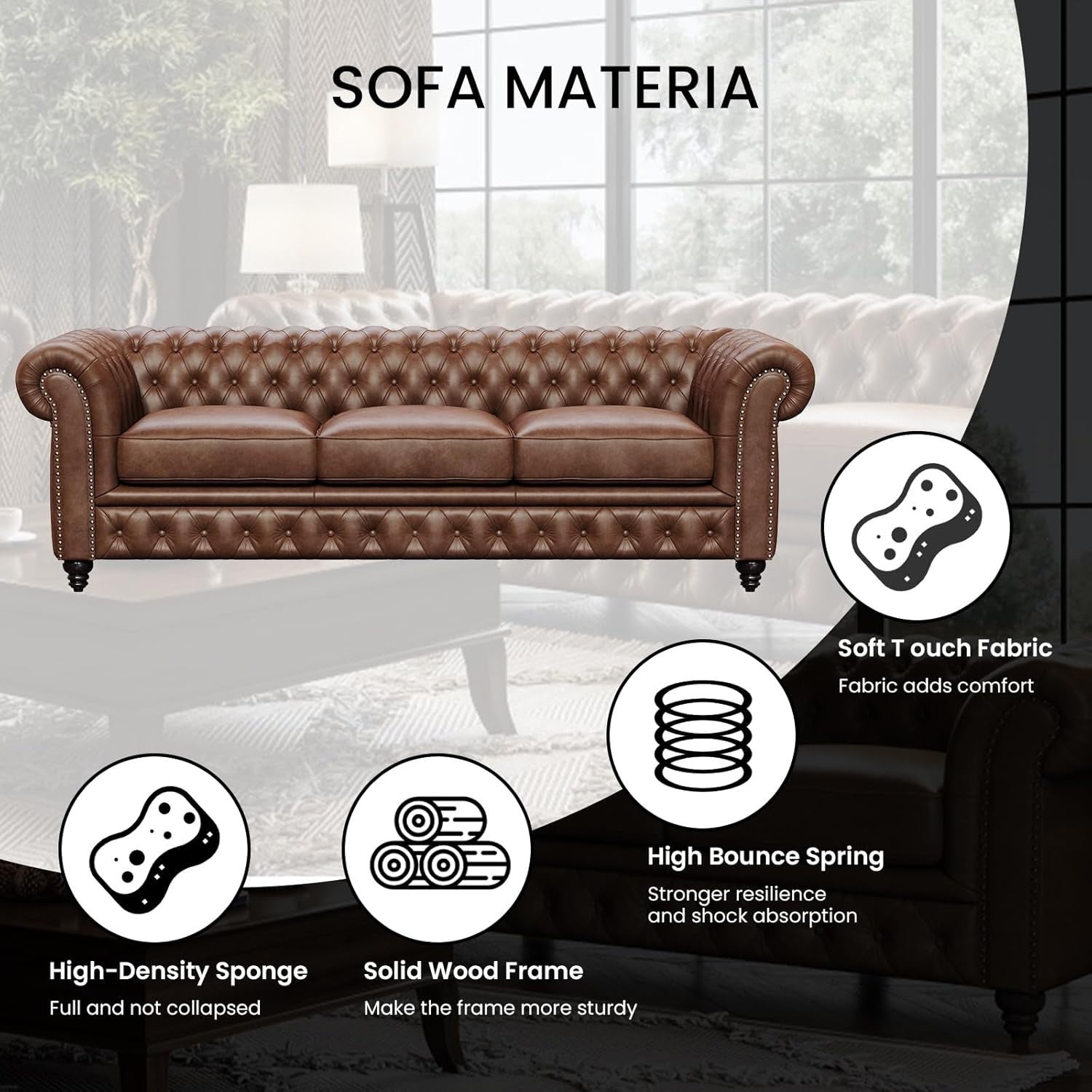 92" Chesterfield Full-Aniline Leather Sofa 3 Seater Classic Chocolate Couch