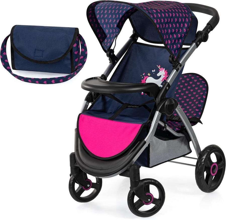 Double Doll Pushchair Twin Pram Adjustable Handle Fold Flat with Bag