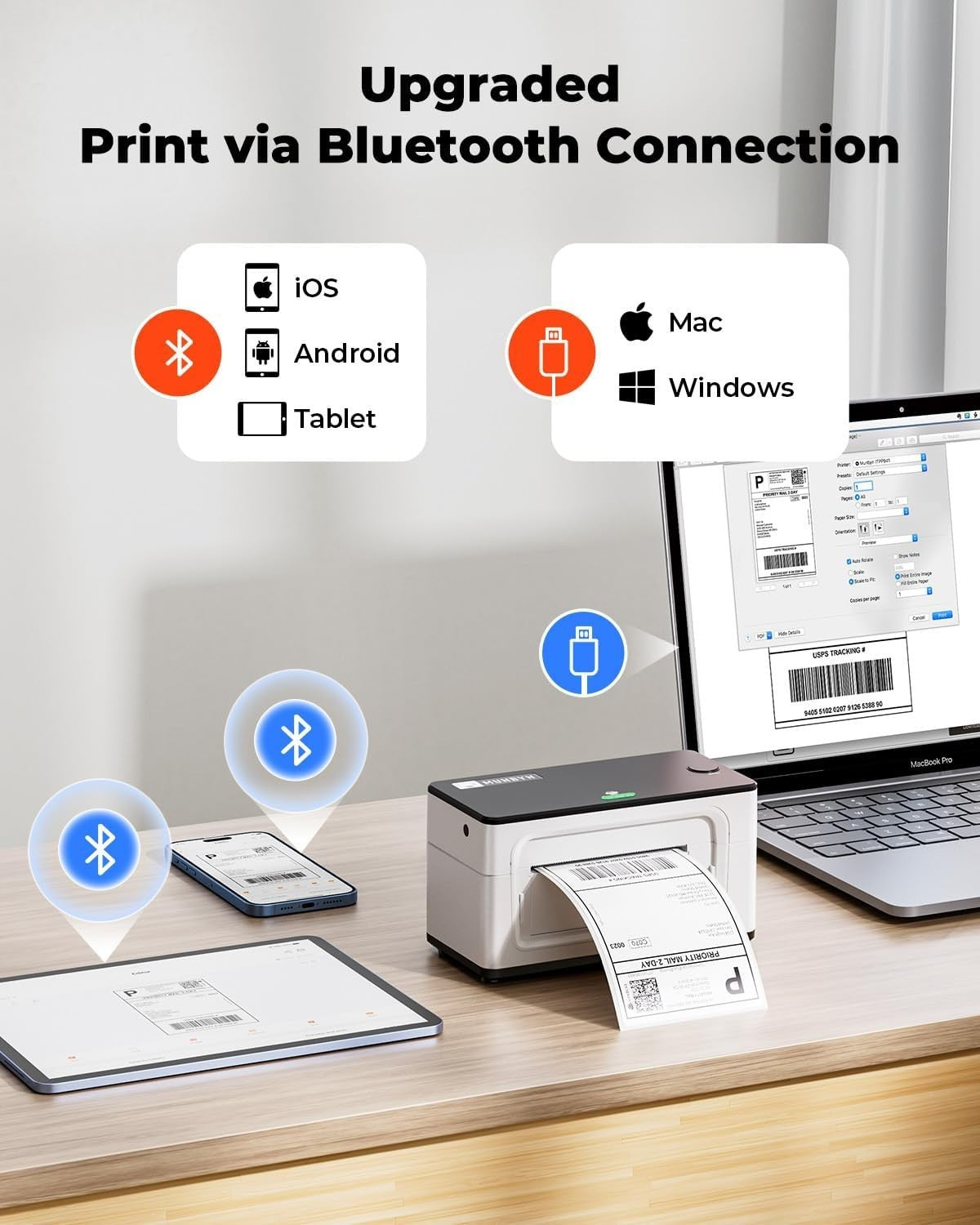 White Bluetooth 300DPI Thermal Label Printer 4x6 Shipping Business
