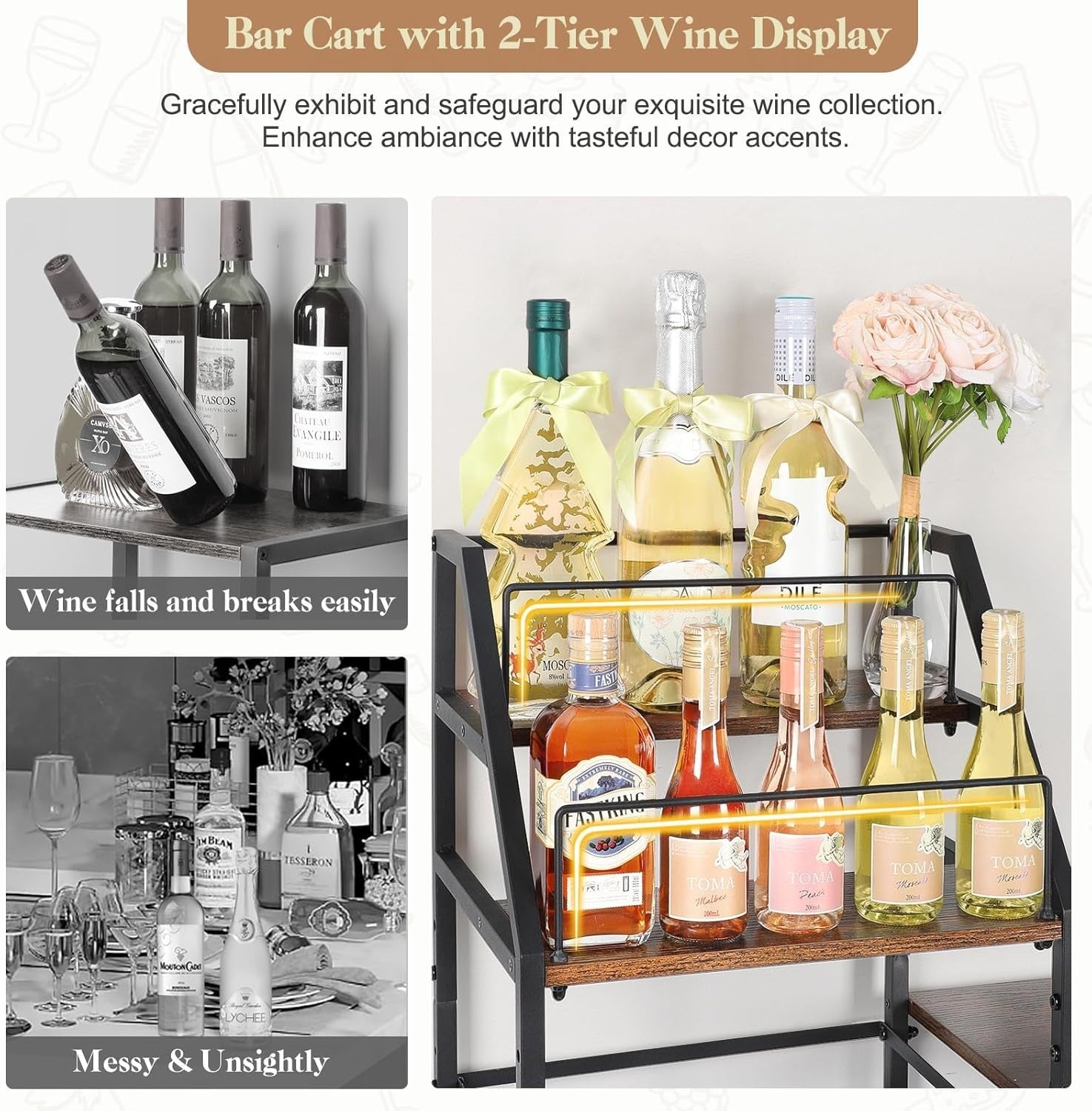 Rolling Bar Cart Drinks Trolley with Wine Rack & Glass Holder 3 Tier Storage