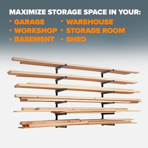 6-Level Wall-Mount Lumber Rack 183x32x104cm Heavy-Duty Alloy Steel Grey