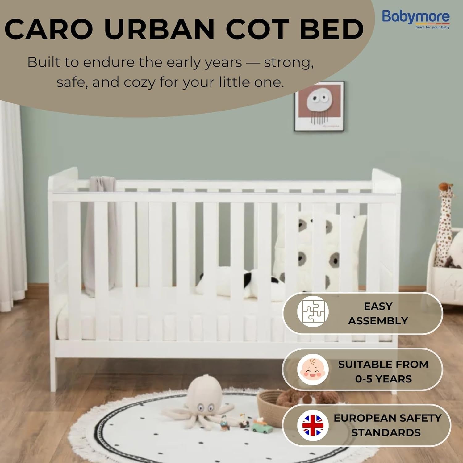 Convertible Baby Cot Bed Toddler Bed Adjustable Height w/ Teething Rails White