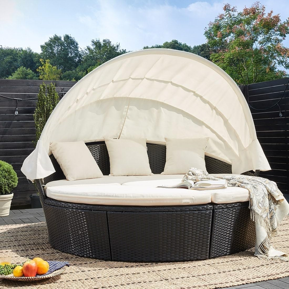 2 Person Rattan Garden Sun Island Lounger Bed with Canopy & Table Outdoor Set