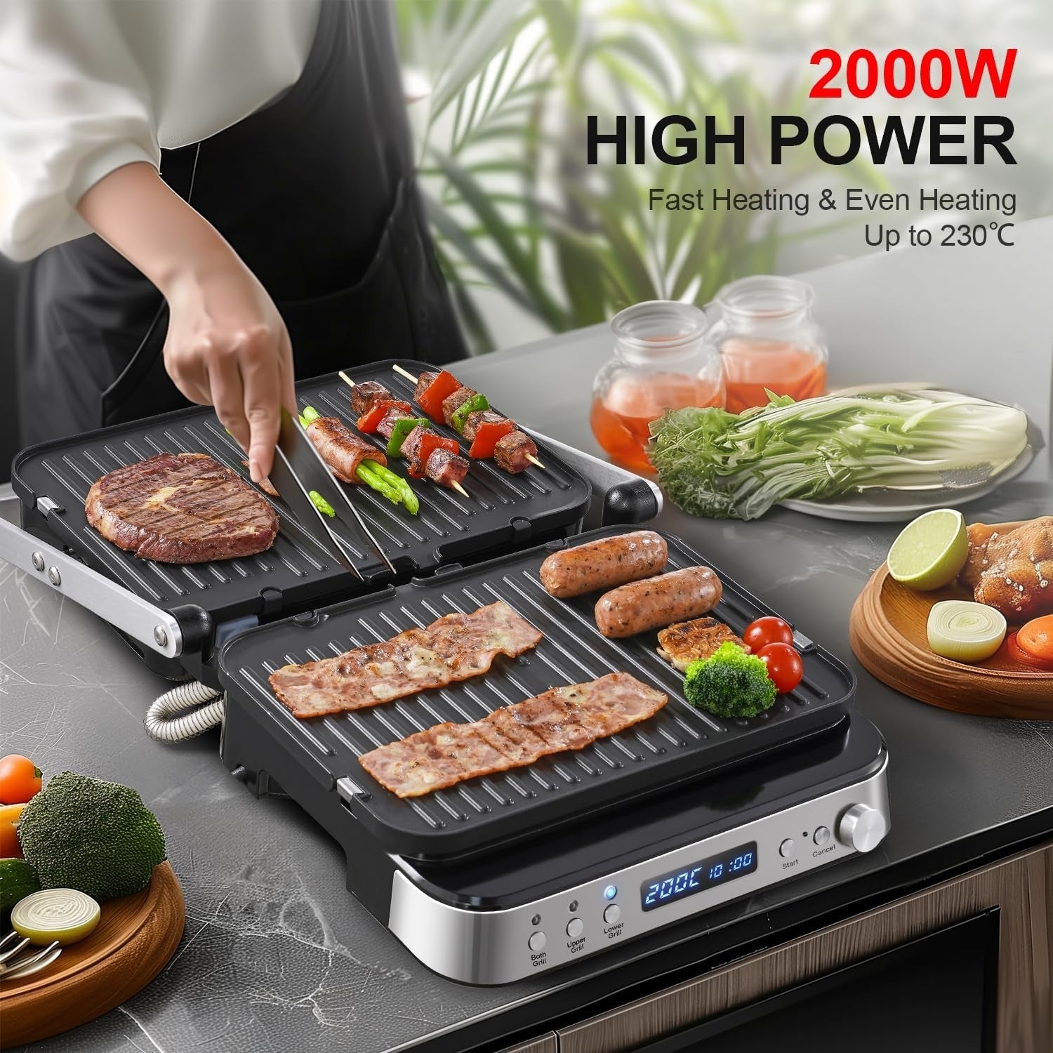 4-in-1 Electric Panini Press Waffle Sandwich Grill Adjustable Temp 2000W