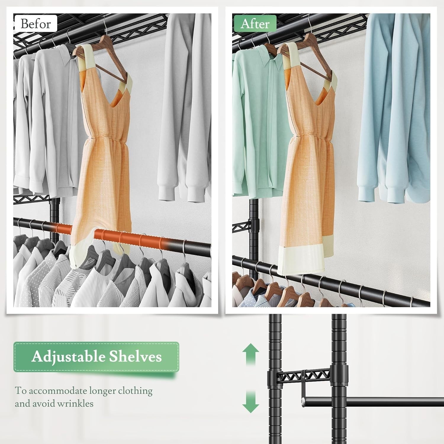 Heavy Duty Clothes Rail with Wheels & Adjustable Shelves – Black