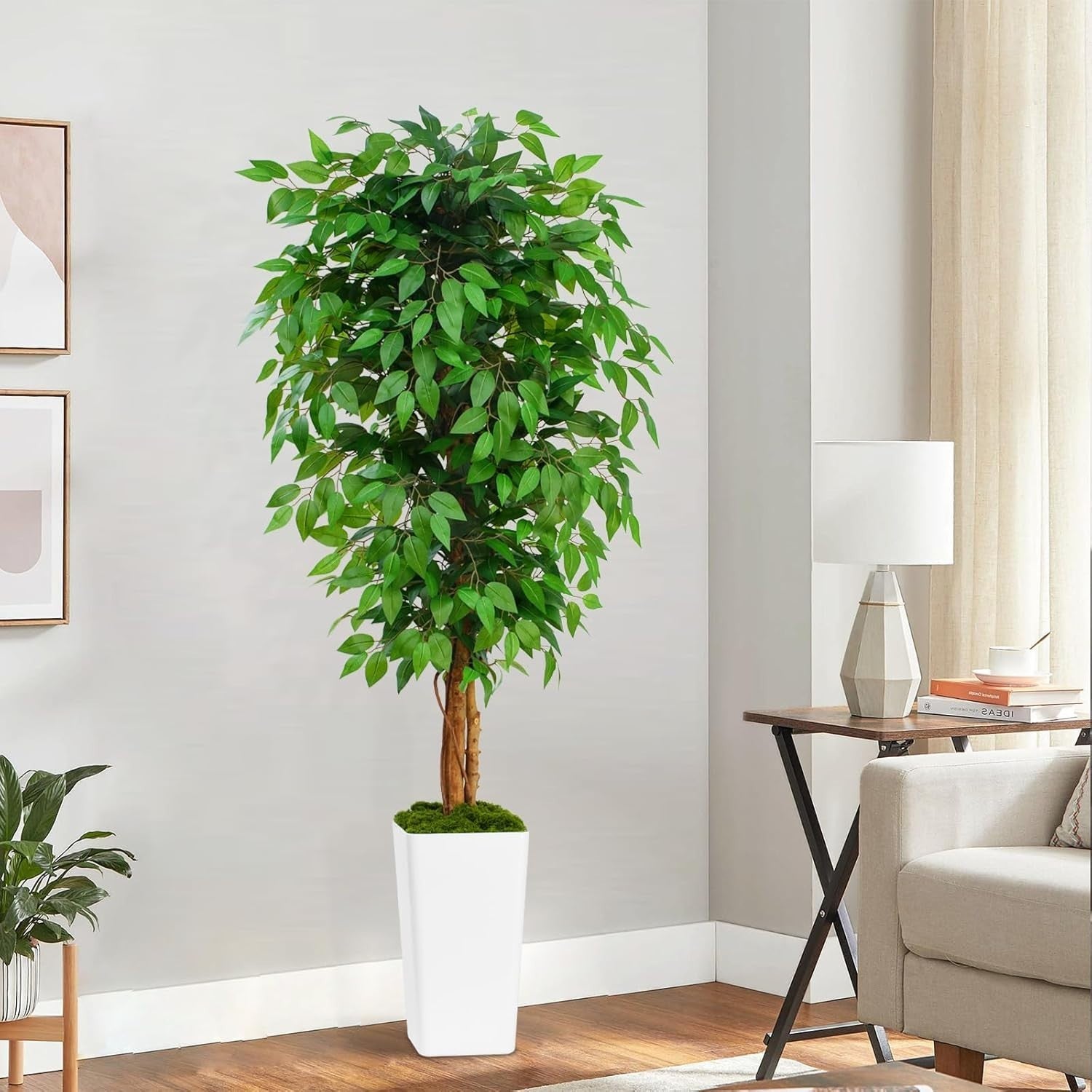 6ft Artificial Ficus Tree Curved Wood Trunks White Planter Lush Faux Home Decor