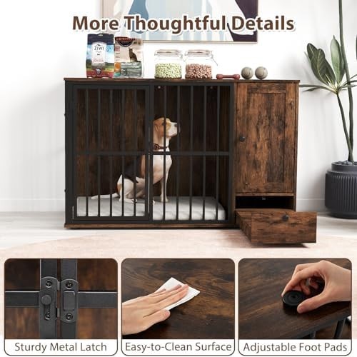 Heavy Duty Dog Crate Furniture with Hidden Bowls & Storage Cabinet