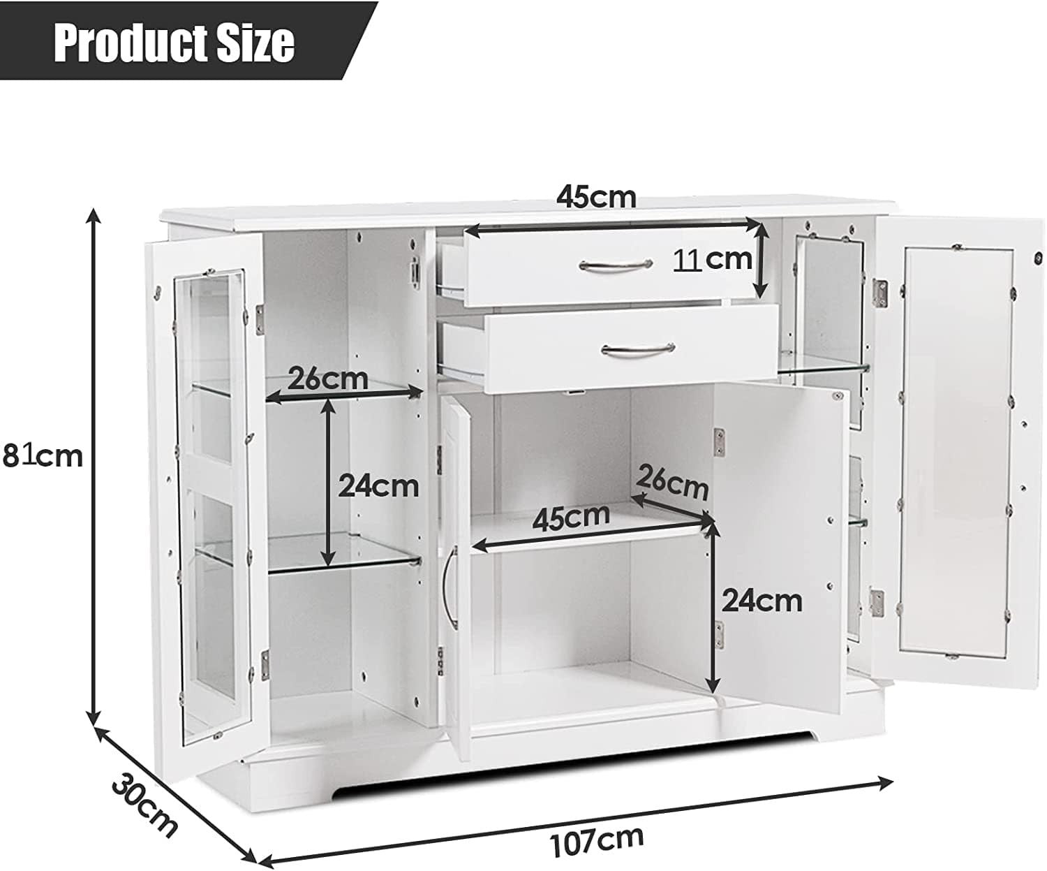 White Kitchen Sideboard 81cm Buffet Cabinet 2 Drawers 5 Adjustable Shelves