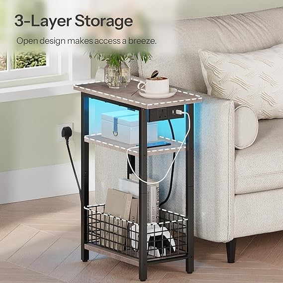 Slim LED Side Table with Charging Station, USB Port, Storage Shelf, Narrow Night