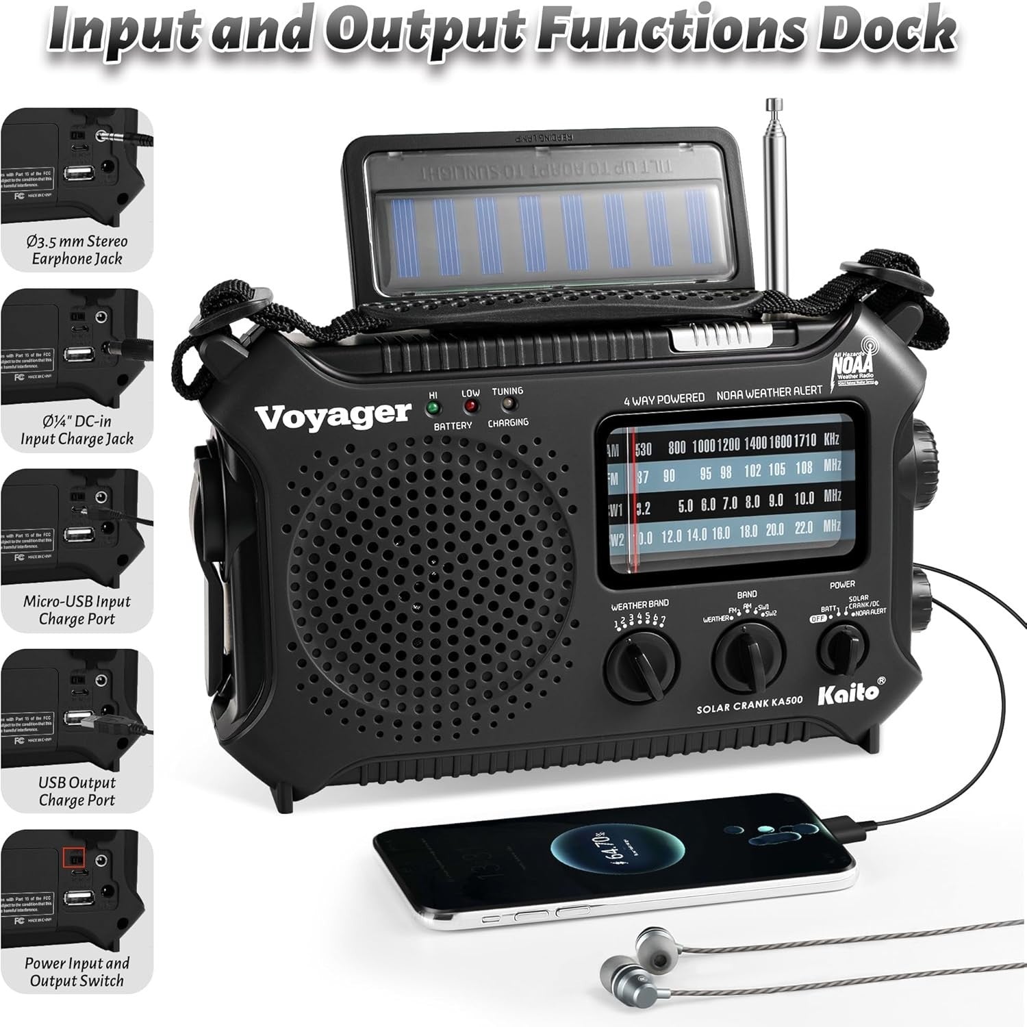 Emergency Weather Alert Radio Solar Hand Crank AM FM SW 7 Band Black
