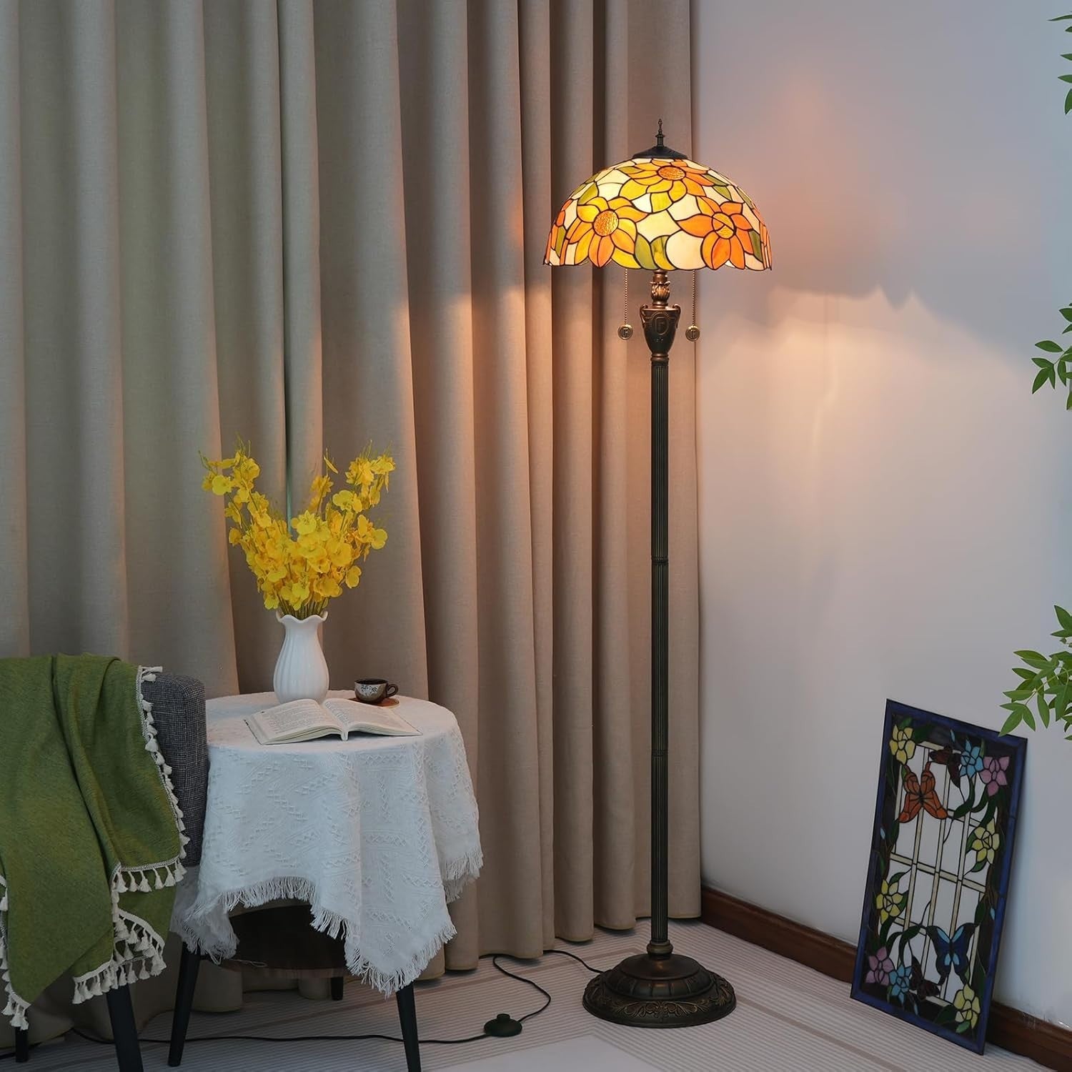 Sunflower Stained Glass Floor Lamp with Foot Switch & Vintage Bronze Base