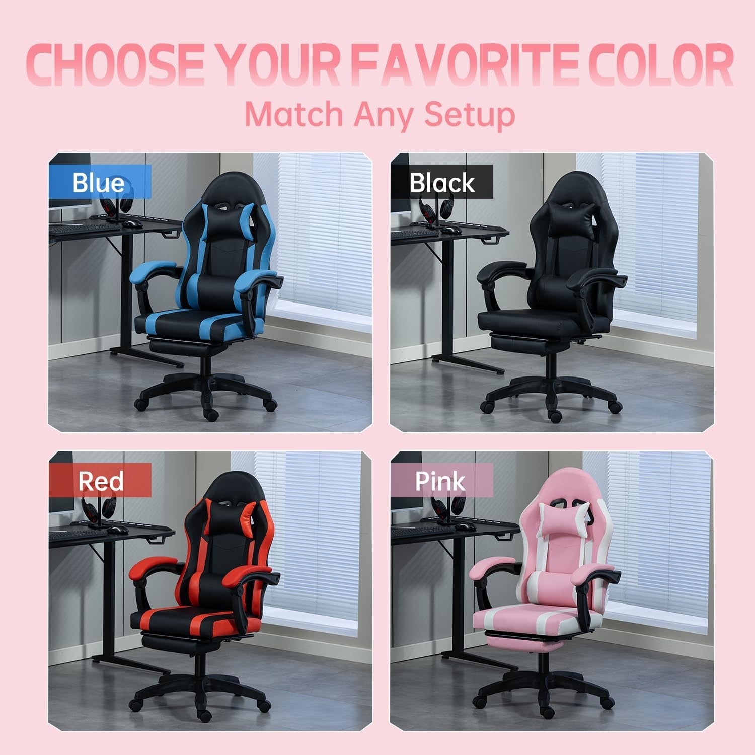 Pink Kids Gaming Chair Recliner Swivel Desk Chair with Footrest