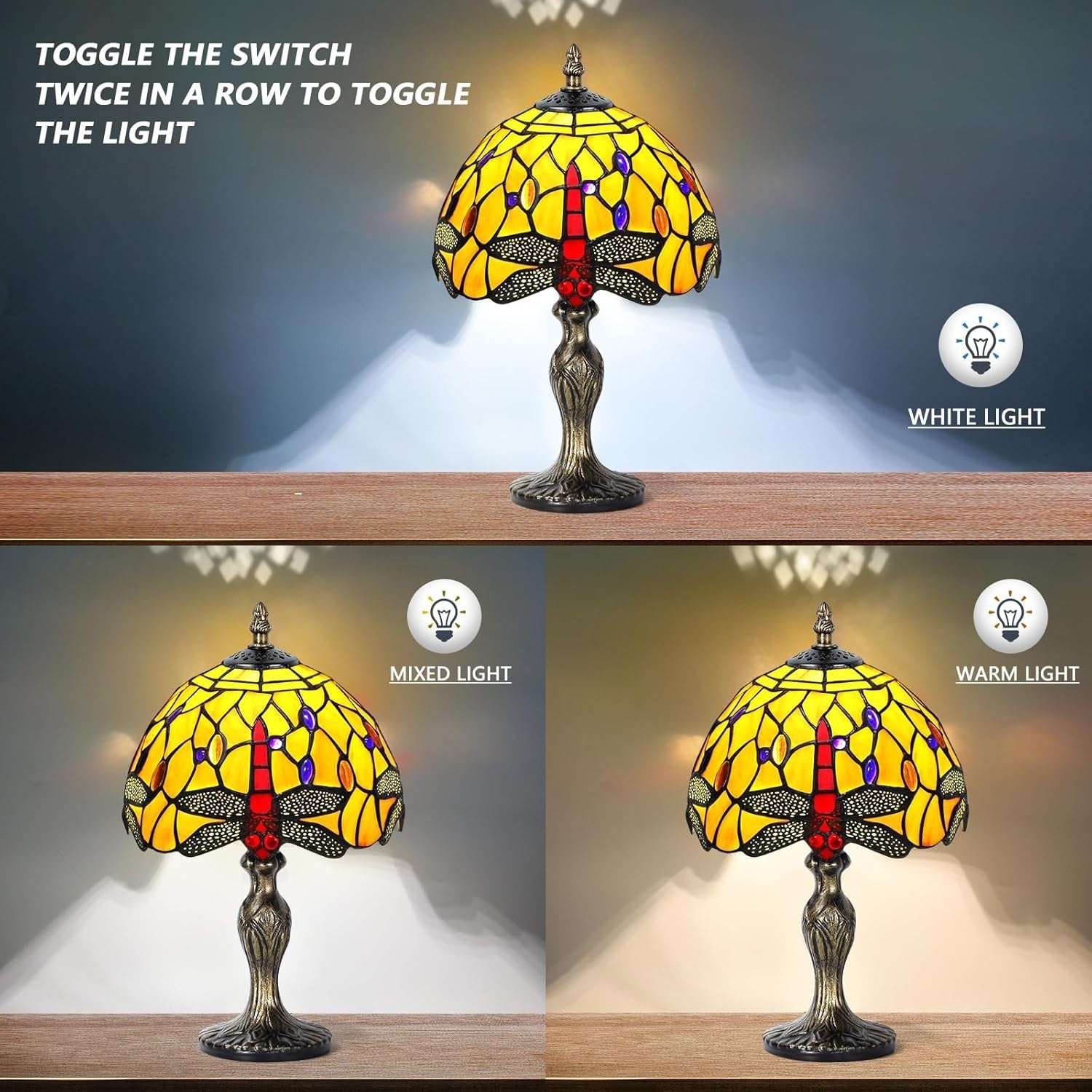 Stained Glass Dragonfly Table Lamp Antique Style Warm LED Light