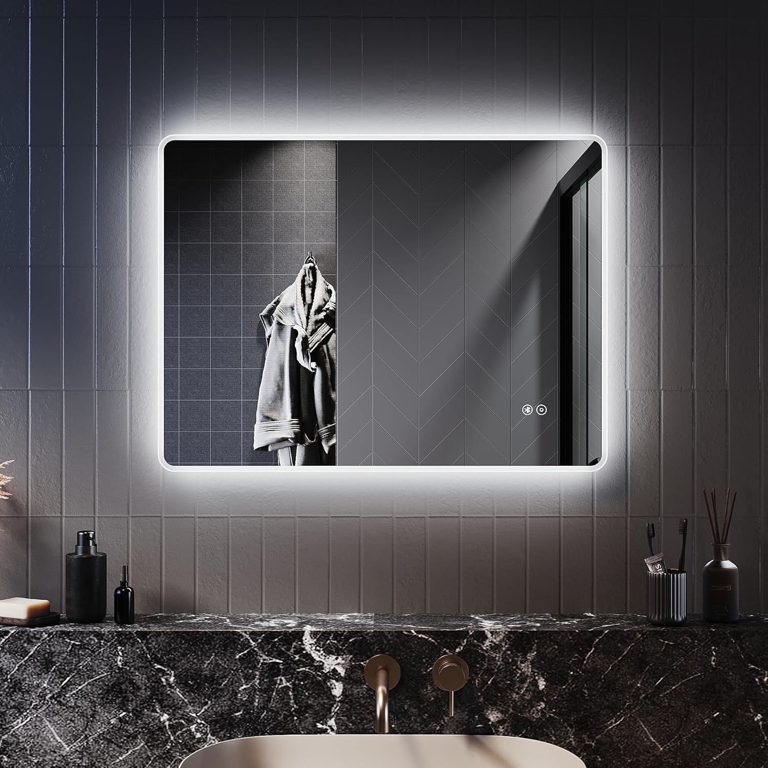 LED Bluetooth Bathroom Mirror 80x60cm Anti-Fog Shaver Socket Touch Dimmer
